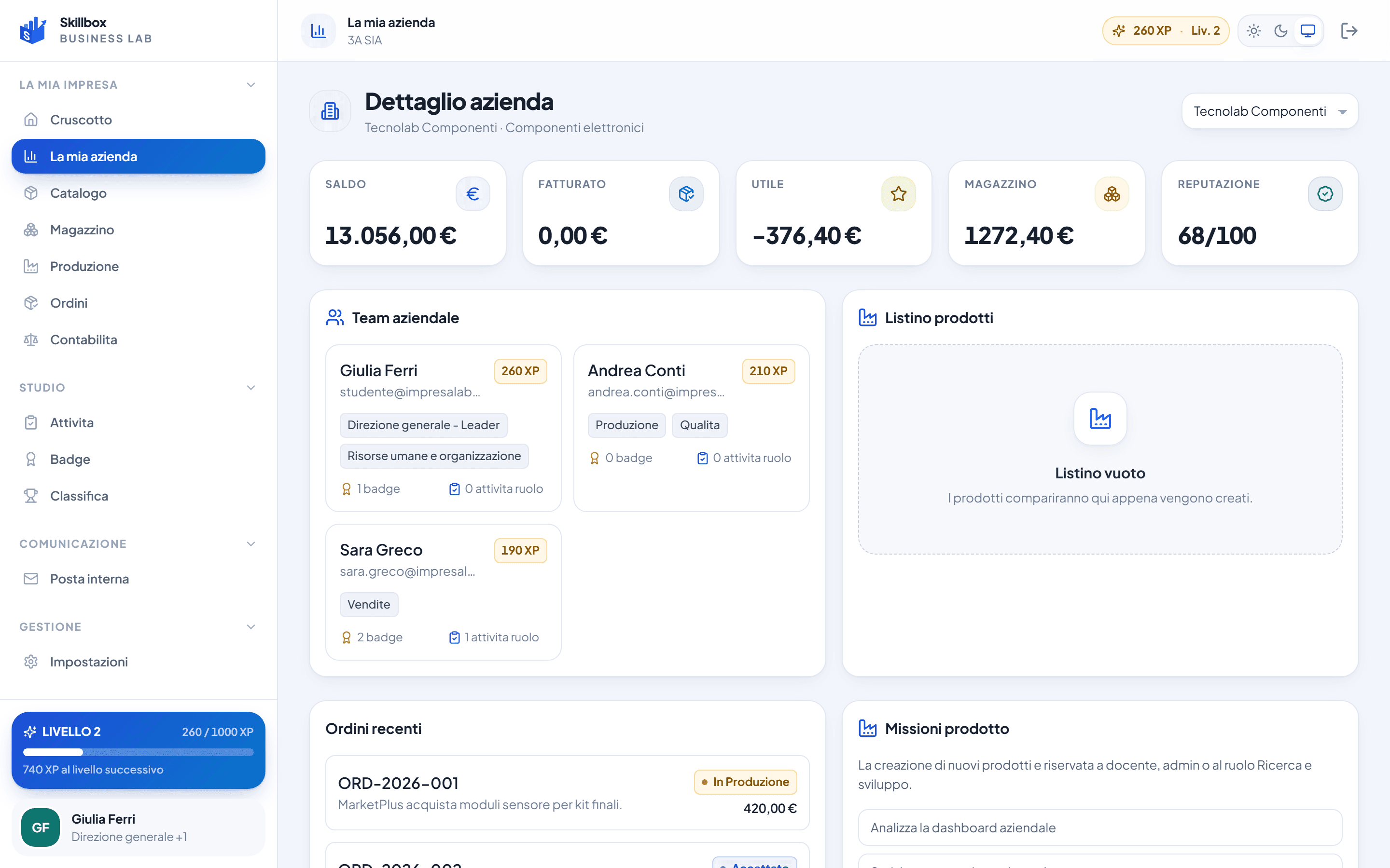 Scheda azienda in Skillbox: cassa, utile, reputazione, squadra e punti esperienza.