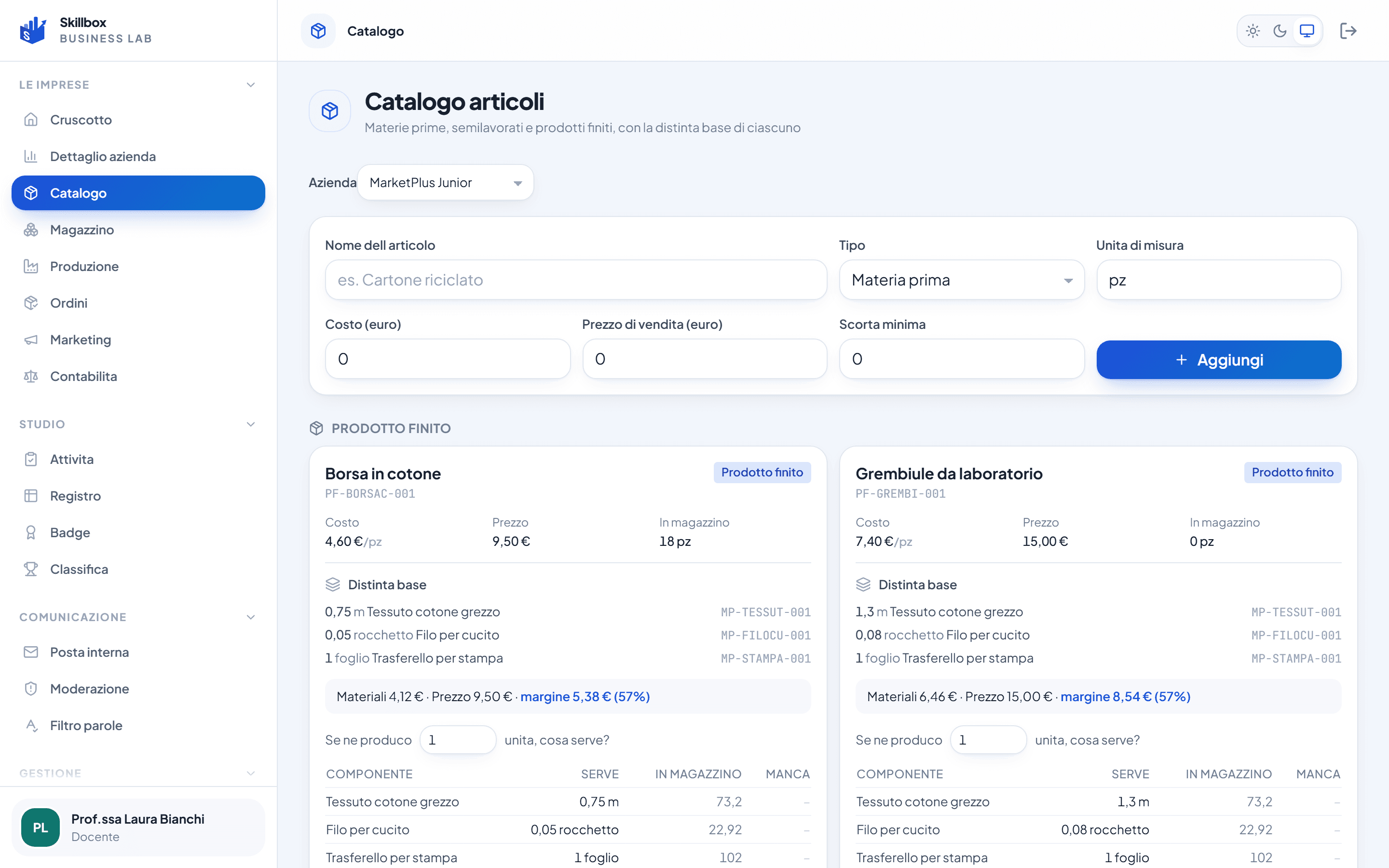 Catalogo prodotti di Skillbox con listino e distinta base.