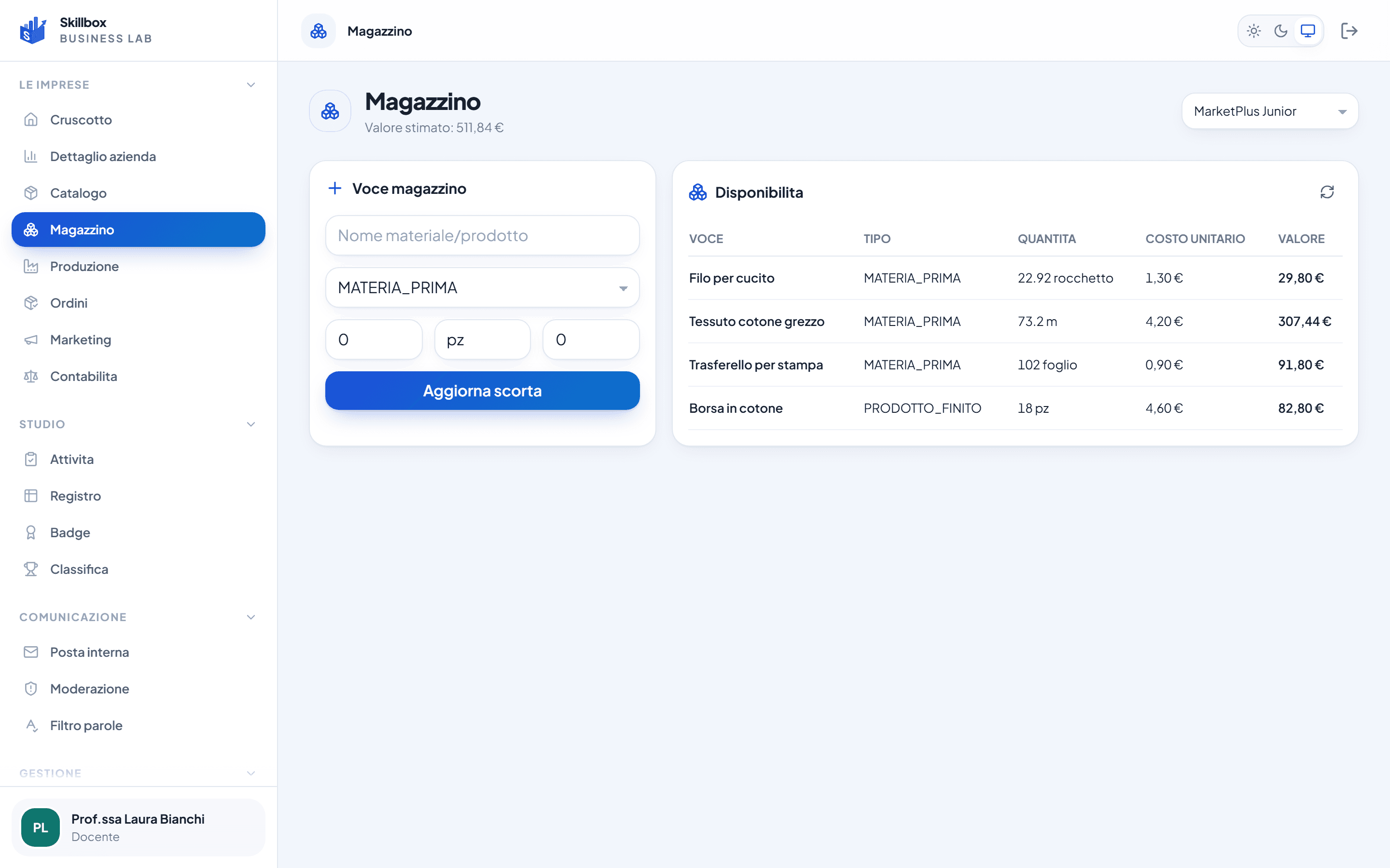Magazzino di Skillbox: materie prime, semilavorati e prodotti finiti con quantità disponibili.
