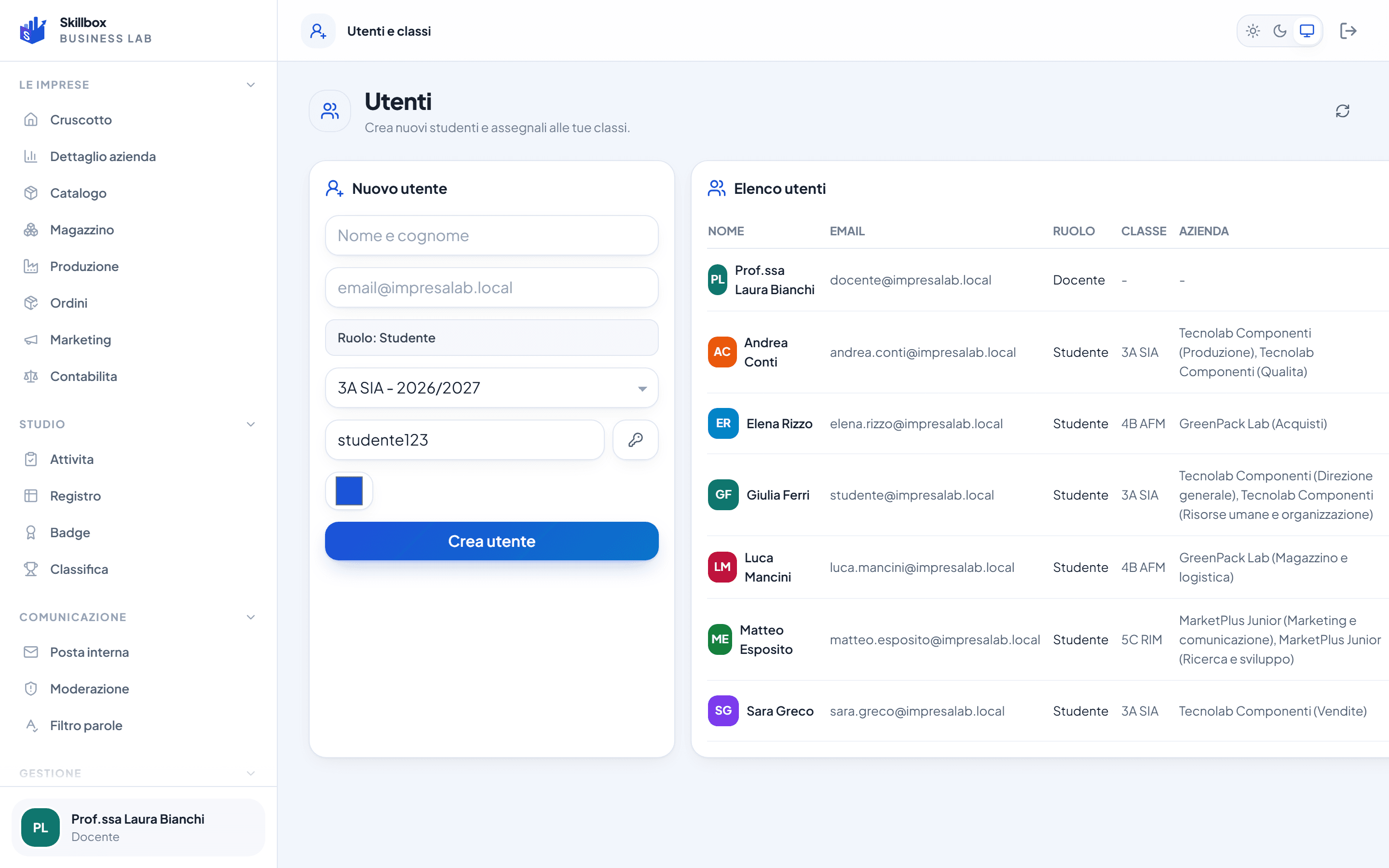 Gestione classe in Skillbox: importazione studenti, assegnazione ruoli e stampa credenziali.
