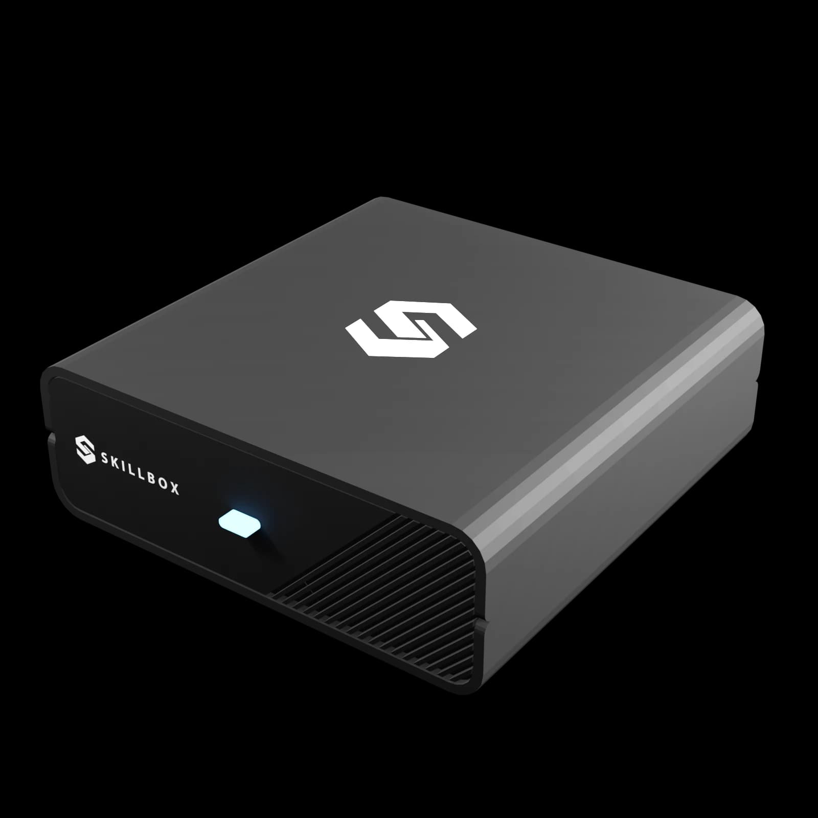 Il dispositivo Skillbox: un box nero da 15 centimetri con il marchio inciso sul coperchio, griglia di areazione e spia luminosa sul fronte.